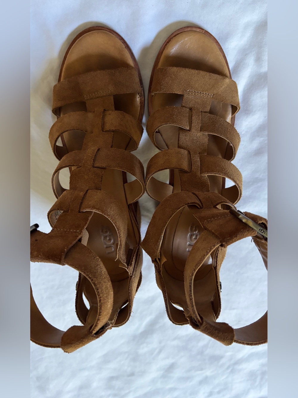 UGG Womens 7 Chestnut Suede Block Heel Gladiator Sandals Ankle Strap EU 38